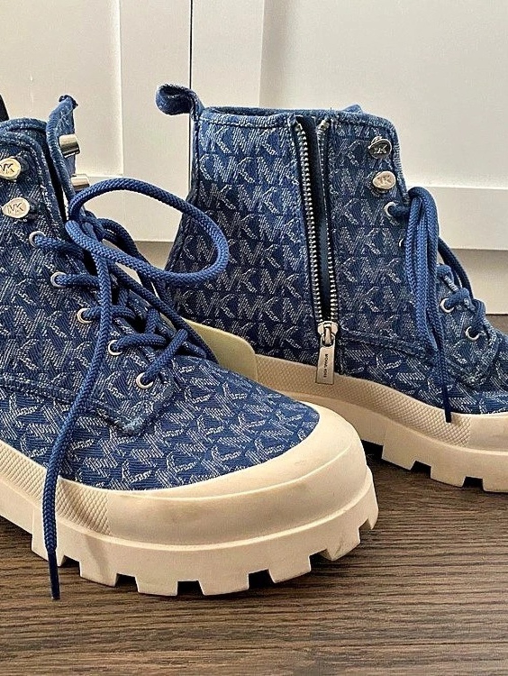 Michael Kors Corey Denim Logo Jacquard Combat Boot Boots Blue & Cream US 9M